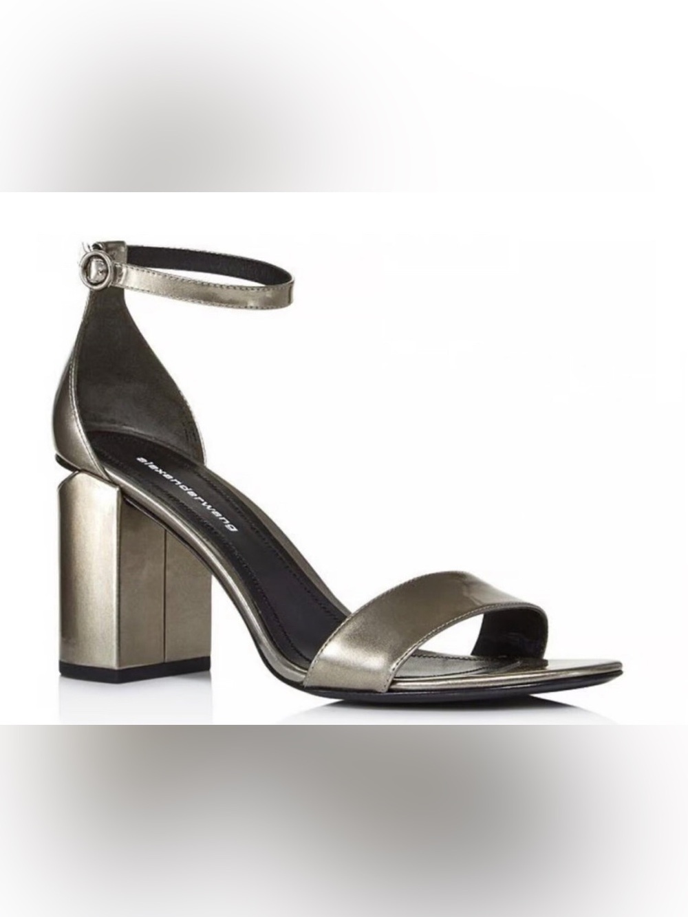 Alexander Wang pewter gunmetal abby liquid patent ankle strap sandals heels 38